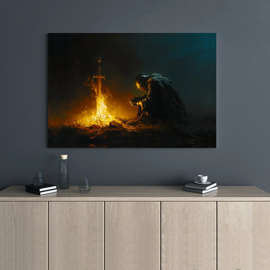 Fantasy Knight Canvas Wall Art | Kneeling Soldier at Bonfire Illustration | Premium Gallery Wrap Decor | Dark Fantasy Gamer Gift for Office