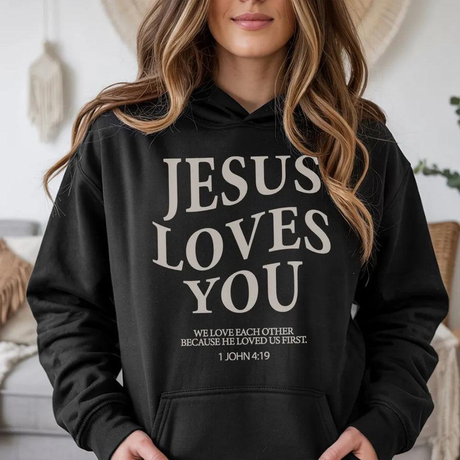 Jesus Loves You Hoodie | Minimalist Bible Verse Script | Soft Cotton Blend Unisex Pullover | Christian Gift for Faith Based Apparel