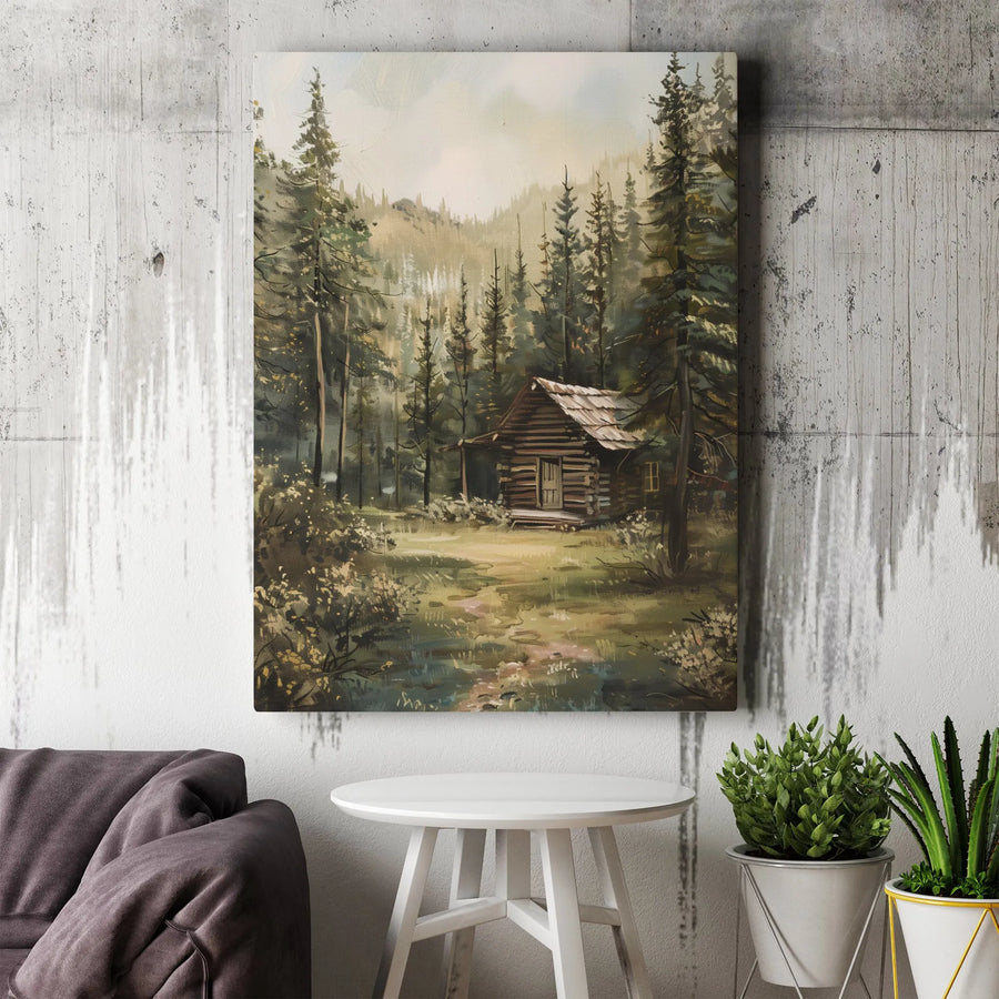 Cabin in the Woods Canvas Print | Rustic Forest Landscape Painting | Premium Gallery Wrapped Wall Art | Nature Lover Home Decor Gift