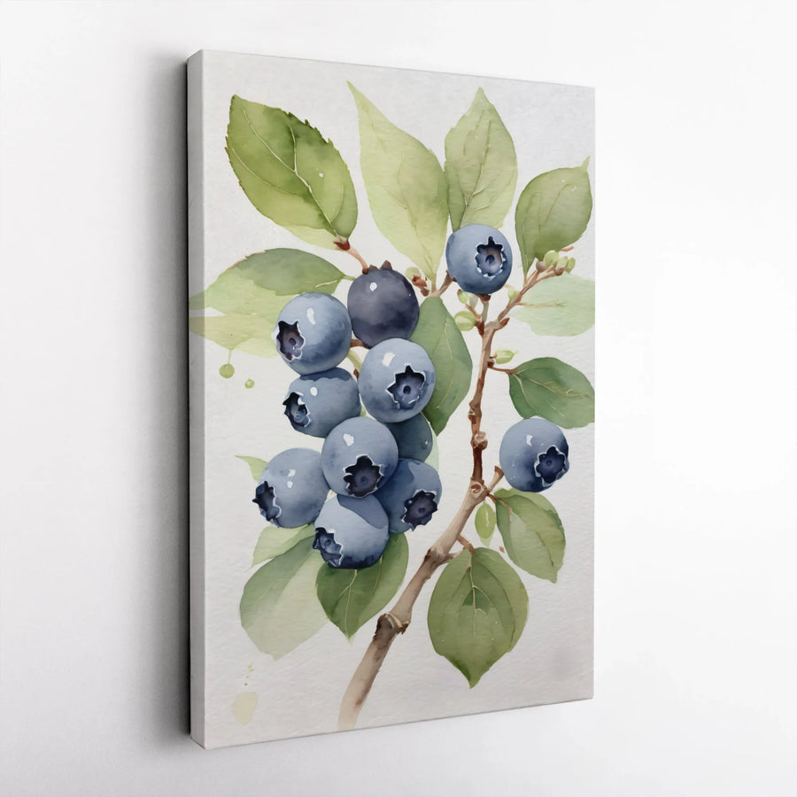 Watercolor Blueberry Wall Art | Botanical Fruit Print on Canvas | 1.25 Inch Gallery Wrap | Kitchen Decor and Farmhouse Gift