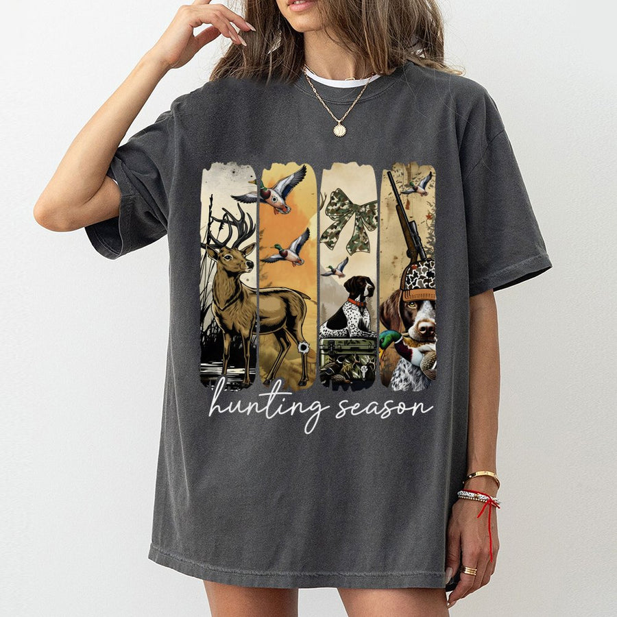 Hunting Season T-Shirt | Duck and Deer Hunter Graphic with Camo Bow | 100% Cotton Premium Tee | Outdoor Enthusiast Gift for Men and Women
