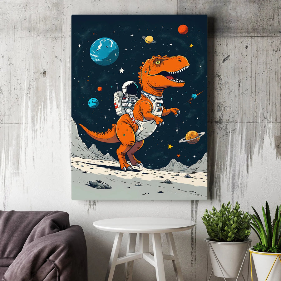 Astronaut Riding T-Rex Canvas Print | Whimsical Outer Space Scene | Premium 1.25" Thick Gallery Canvas | Unique Gift for Boys Room Decor