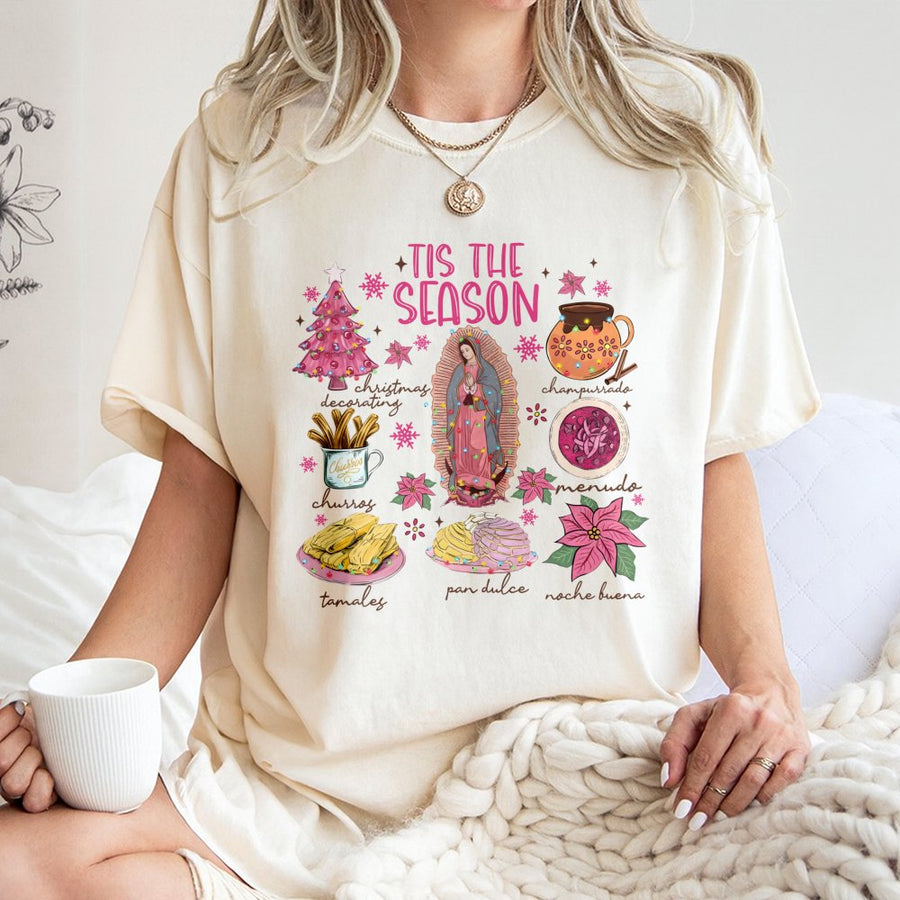 Mexican Christmas Graphic T-Shirt | Tis The Season Food Icons Print | Soft Cotton Premium Tee | Unique Noche Buena Gift For Latinos
