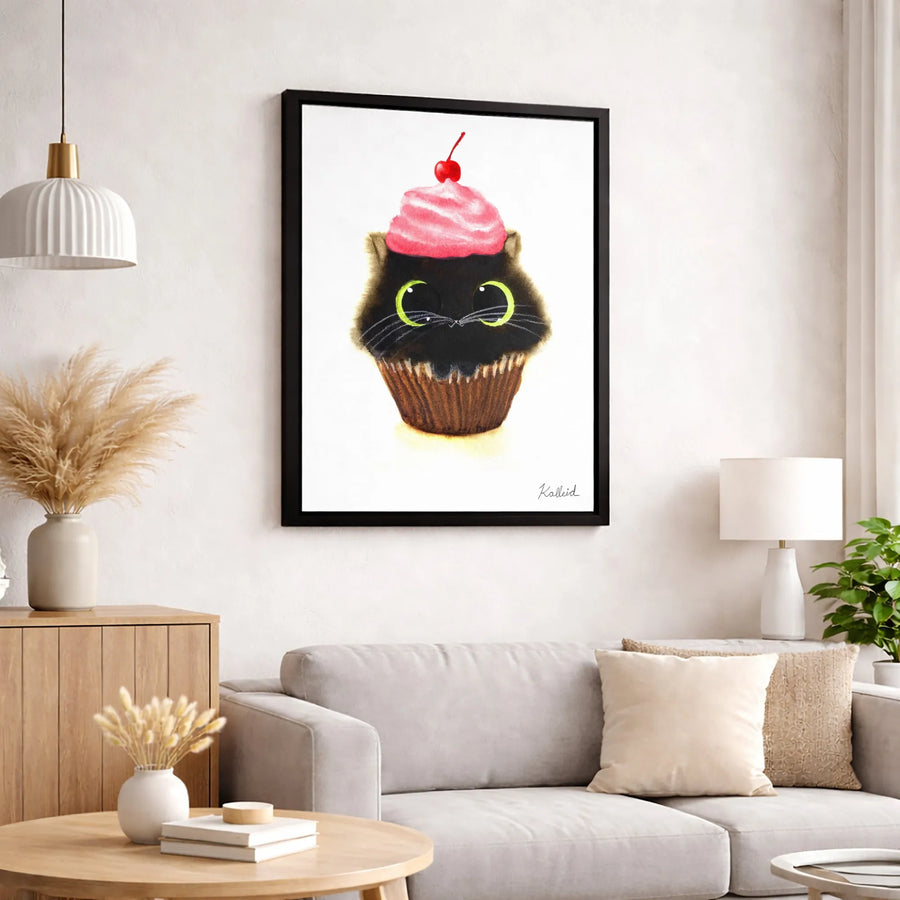 Black Cat Cupcake Canvas Print | Whimsical Kitten Dessert Wall Art | Gallery Wrapped Premium Decor | Cute Animal Lover Gift For Nursery