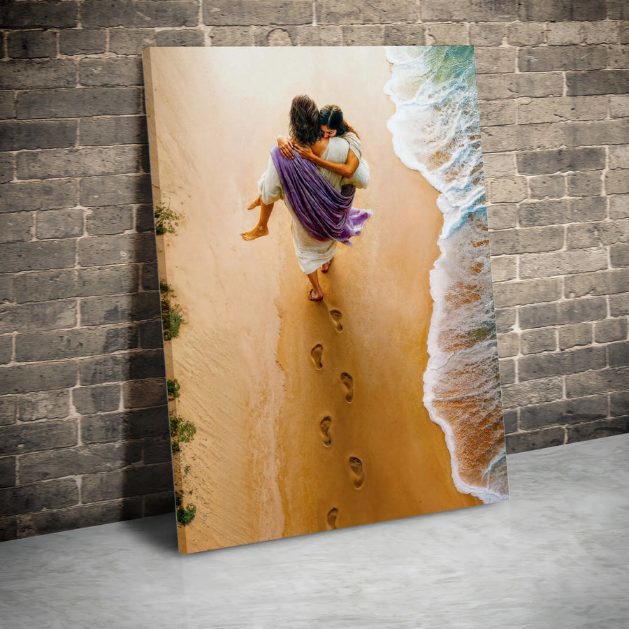 Jesus Carrying Person Canvas Print | Footprints in the Sand Christian Art | Premium Gallery Wrapped Wall Decor | Meaningful Religious Gift for Believers