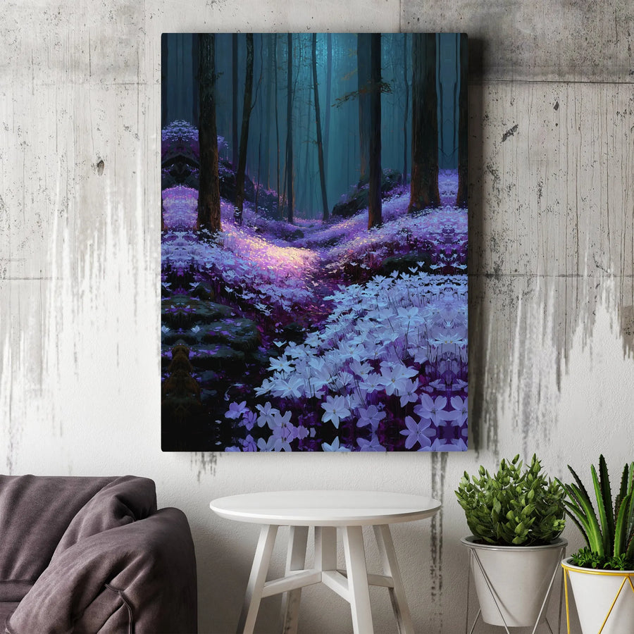 Enchanted Forest Canvas Wall Art | Glowing Purple Floral Path | 1.25-Inch Gallery Wrap Print | Whimsical Nature Decor For Home Or Office