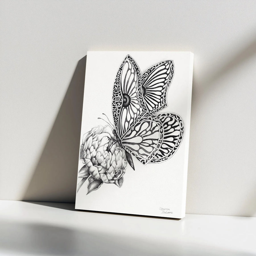 Butterfly and Peony Canvas Wall Art | Monochrome Sketch Print | Premium Gallery Wrapped Canvas | Modern Minimalist Home Decor Gift