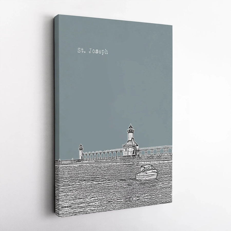 St. Joseph Michigan Canvas Wall Art | Minimalist Lighthouse Sketch | Premium Gallery Wrapped Canvas | Great Lakes Home Decor Gift