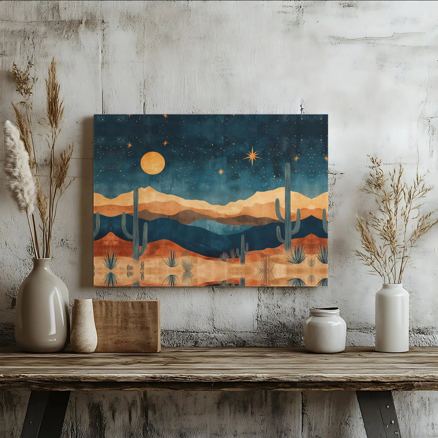 Boho Desert Landscape Canvas Art | Mid-Century Modern Saguaro Cactus Moon Print | 1.25 Inch Gallery Wrap | Large Wall Decor for Living Room