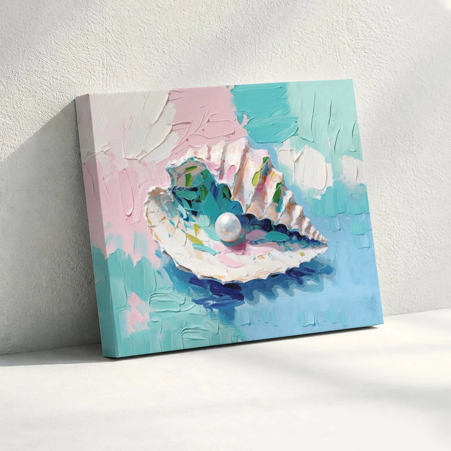 Seashell Pearl Canvas Art | Abstract Impasto Textured Ocean Painting | Premium Fade-Resistant Print | Elegant Coastal Home Decor Gift