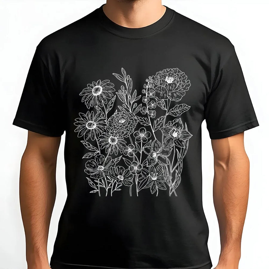 Wildflower Botanical T-Shirt | Vintage Pressed Flower Graphic | Cozy Cotton Blend Pullover | Gift for Gardener & Plant Lover