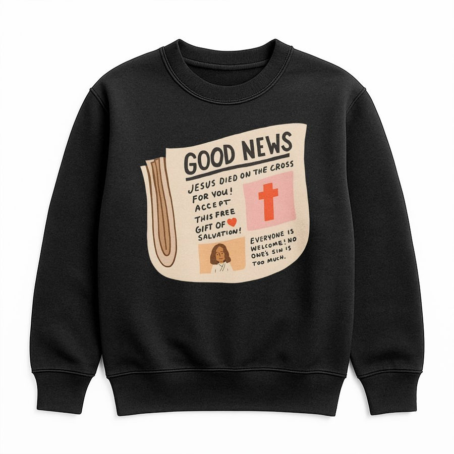 Good News Christian Sweatshirt | Newspaper Design Graphic Print | Premium Cotton Blend | Faith-Based Religious Apparel Gift for Men Women