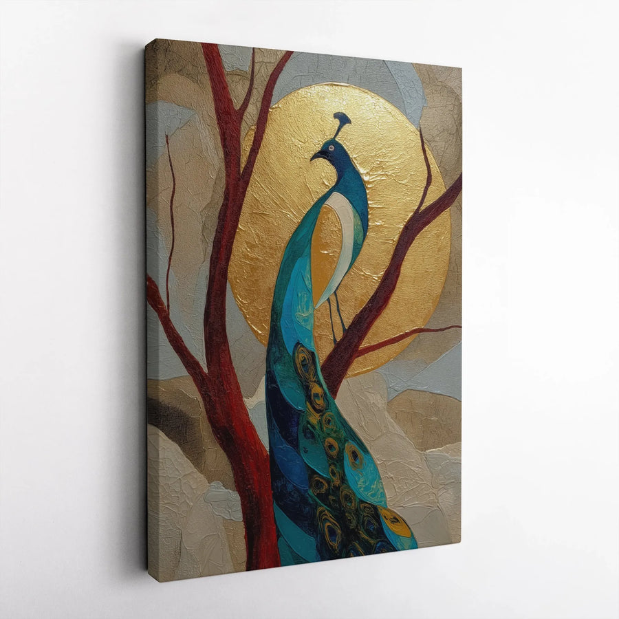Abstract Peacock Wall Art | Golden Sun & Red Tree Botanical Print | Premium Gallery Wrapped Canvas | Luxury Living Room Decor Gift