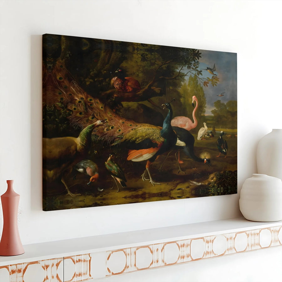 Bird Paradise Canvas Wall Art | Classical Peacock and Flamingo Painting | 1.25-Inch Gallery Wrap | Vintage Botanical Nature Decor Gift