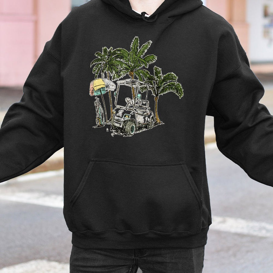 Tropical Golf Hoodie | Palm Tree Cart Graphic Print | Premium Cotton Blend | Gift For Golfers And Beach Lovers