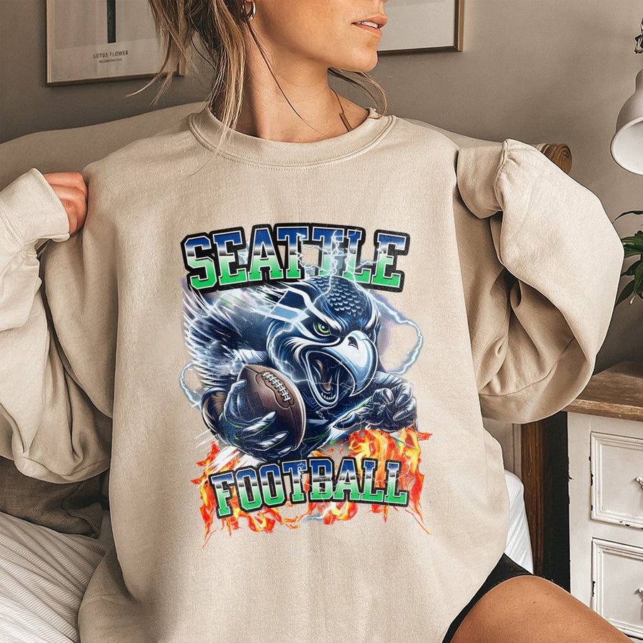 Seattle Football With Seahawks Mascot And Flames Sweatshirt