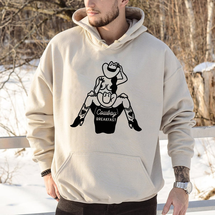 Cowboy Breakfast Hoodie | Retro Western Cowgirl Pinup Graphic | Premium Cotton Blend | Funny Rodeo Humor Gift for Her and Him