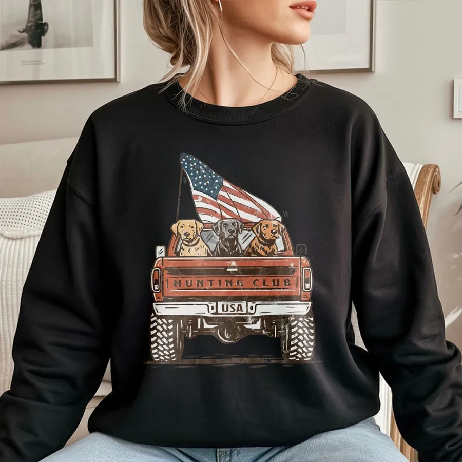 Patriotic Labrador Sweatshirt | Vintage Hunting Club Truck with USA Flag | Premium Graphic Tee | 4th of July Gift for Dog Lover
