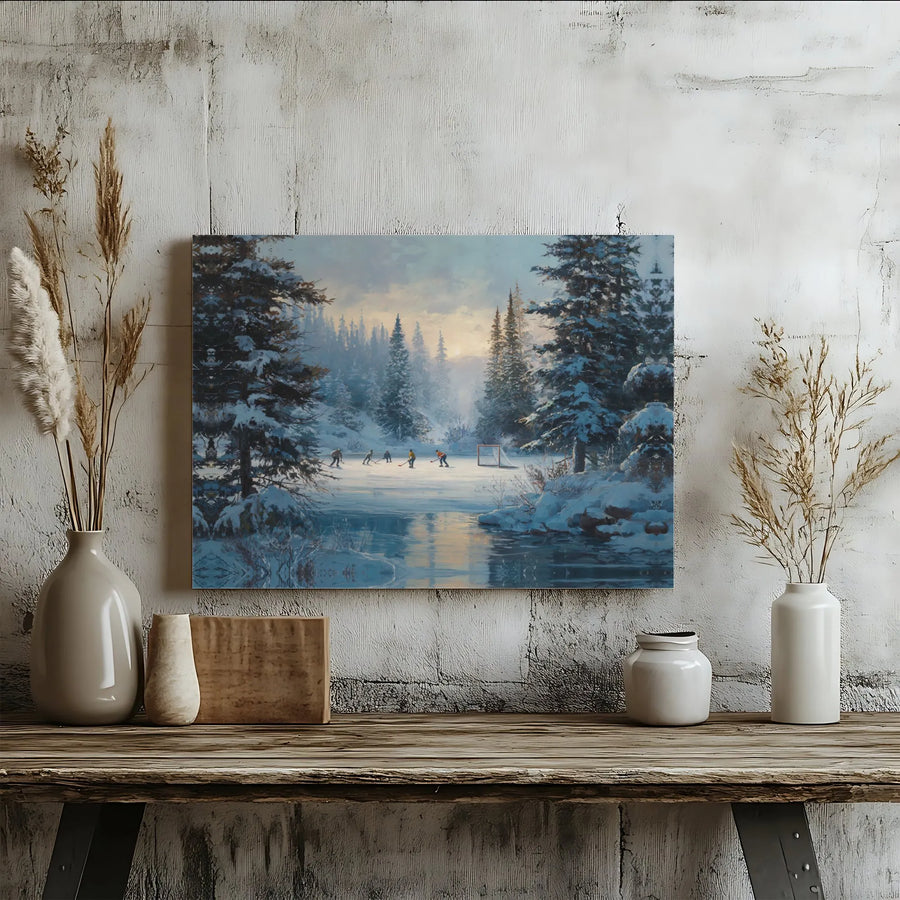 Pond Hockey Canvas Print | Winter Forest Sunset Landscape Wall Art | Premium Gallery Wrapped Decor | Gift for Hockey Players & Sports Fans