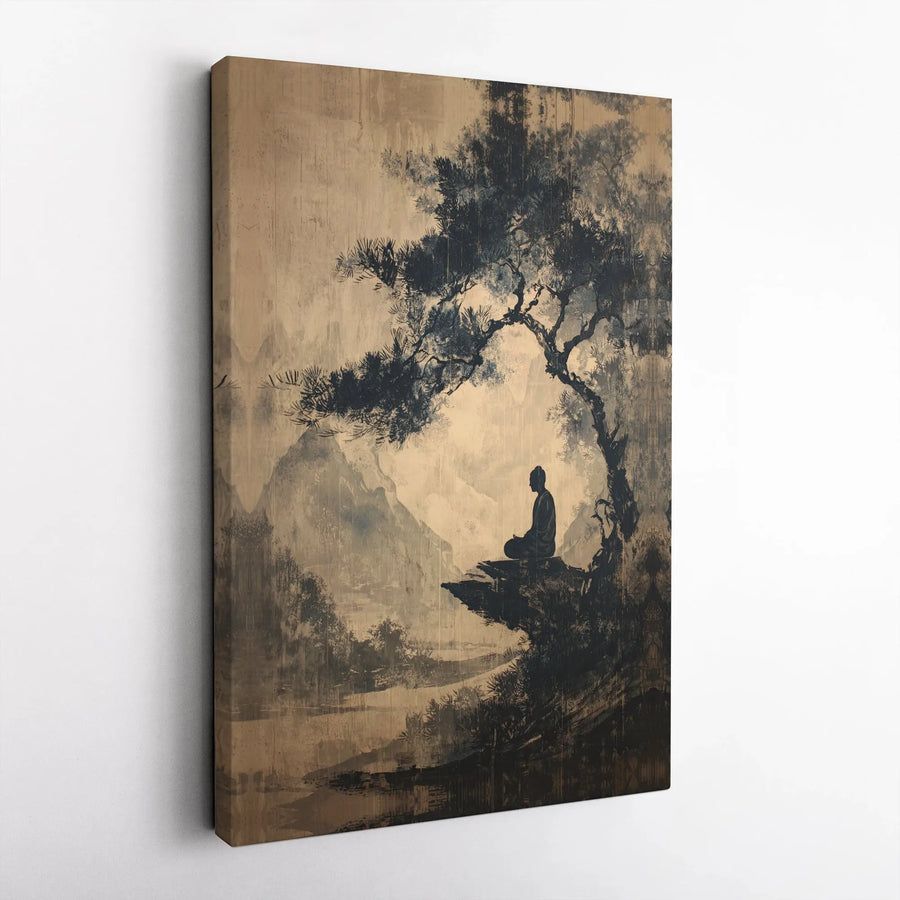 Zen Buddha Canvas Print | Vintage Ink Wash Mountain Scene | Premium Gallery Wrapped Canvas | Spiritual Home Decor Gift