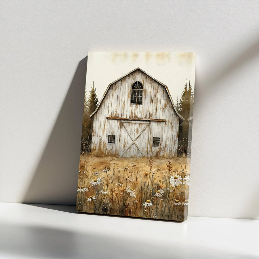 Rustic White Barn Canvas Print | Watercolor Wildflower Field Wall Art | Premium Gallery Wrap Decor | Farmhouse Living Room Wall Decor