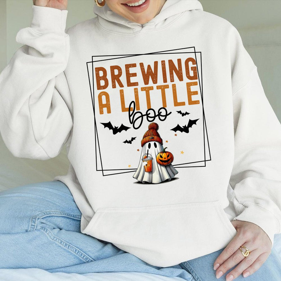 Brewing A Little Boo Hoodie | Cute Ghost Pumpkin Coffee Design | Premium Cotton-Poly Blend | Cozy Halloween Sweatshirt Gift For Women