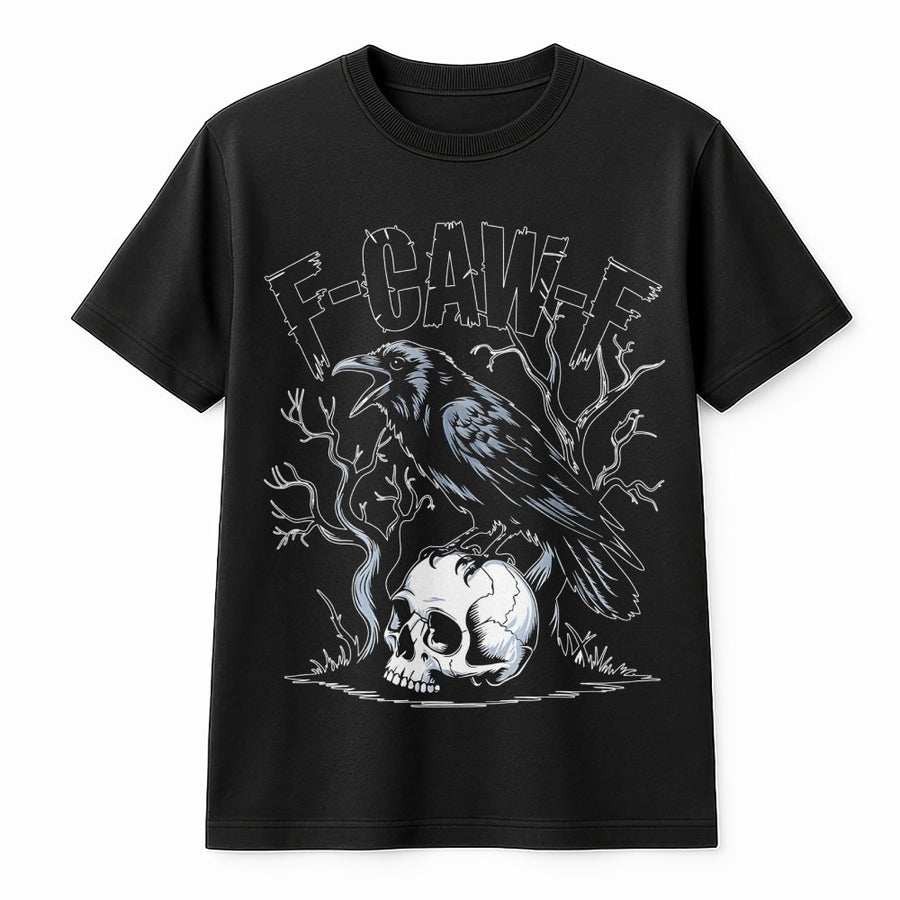 Raven Skull Graphic T-Shirt | F-Caw-F Funny Bird Pun Design | Premium Soft Cotton Tee | Gothic Aesthetic Gift For Bird Lovers