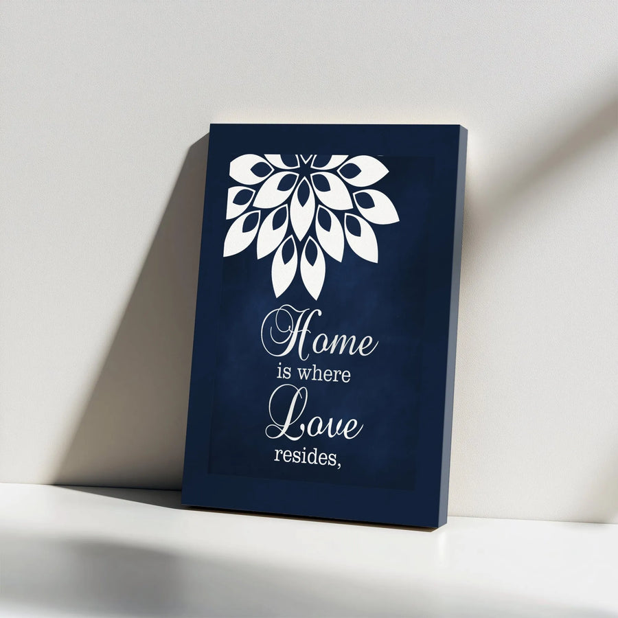 Home is Where Love Resides Canvas Wall Art | Modern Navy Blue Mandala Quote Print | Premium Gallery Wrapped Canvas | Housewarming Gift for Living Room