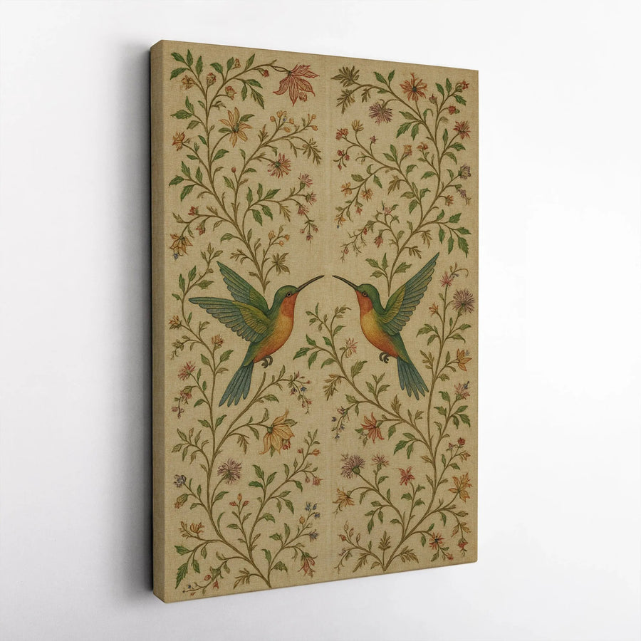 Hummingbird Botanical Canvas Art | Vintage Symmetrical Floral Print | Premium Fade-Resistant Gallery Wrap | Elegant Home Decor Gift for Bird Lovers