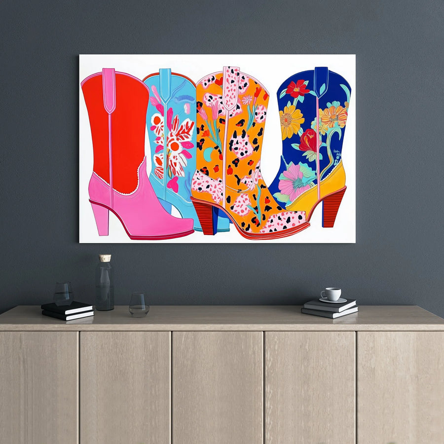 Colorful Western Cowboy Boots Canvas | Floral Leopard Print Pop Art Wall Decor | Gallery Wrapped Premium Material | Vibrant Boho Home Office Gift