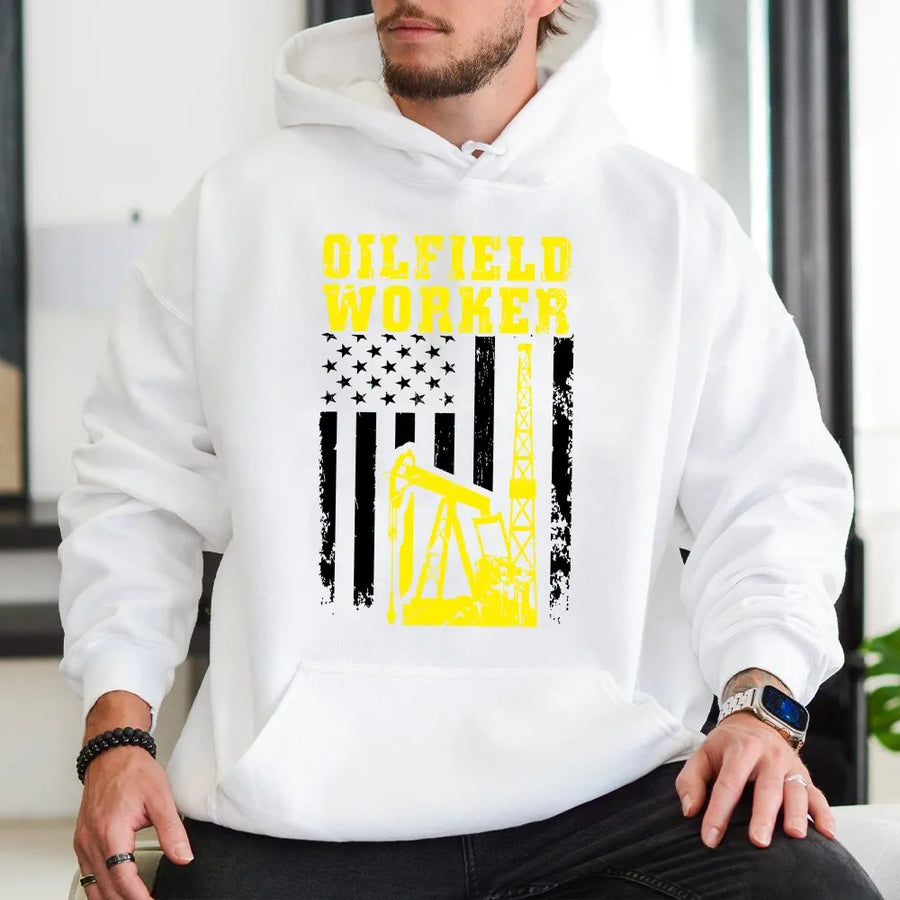 Oilfield Worker Hoodie | American Flag Pumpjack Oil Rig Graphic | Premium Cotton-Poly Blend | Gift for Oil and Gas Industry Roughneck Men