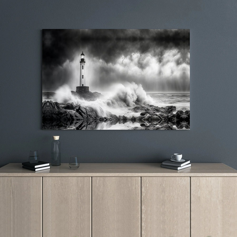 Lighthouse Canvas Wall Art | Stormy Ocean Crashing Waves Print | Premium Gallery Wrap Decor | Coastal Nautical Gift for Home Office
