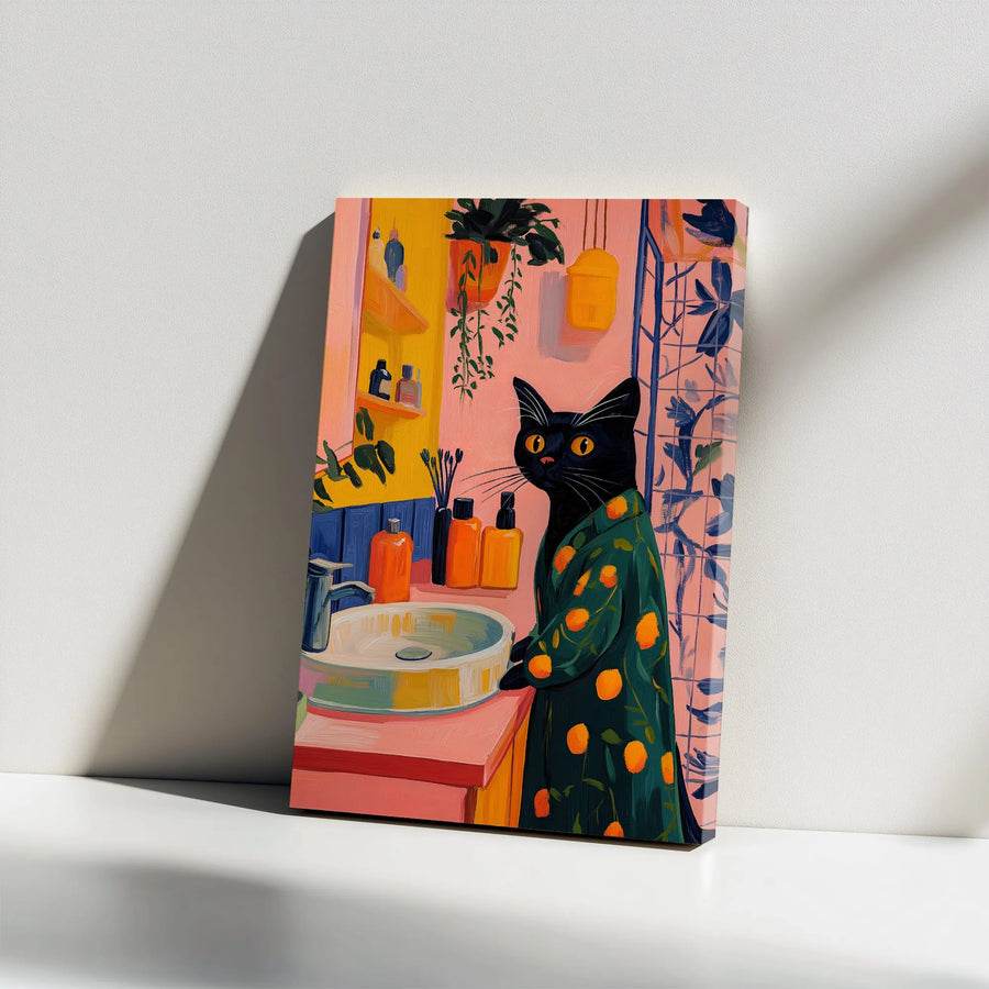 Black Cat Bathroom Wall Art | Quirky Orange Robe Illustration | Premium Gallery Wrap Canvas | Unique Home Decor Gift for Cat Lovers