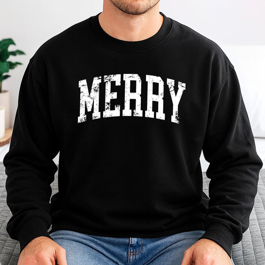 Merry Christmas Sweatshirt | Distressed Varsity Lettering | Cotton Blend Cozy Crewneck | Holiday Gift for Women and Men