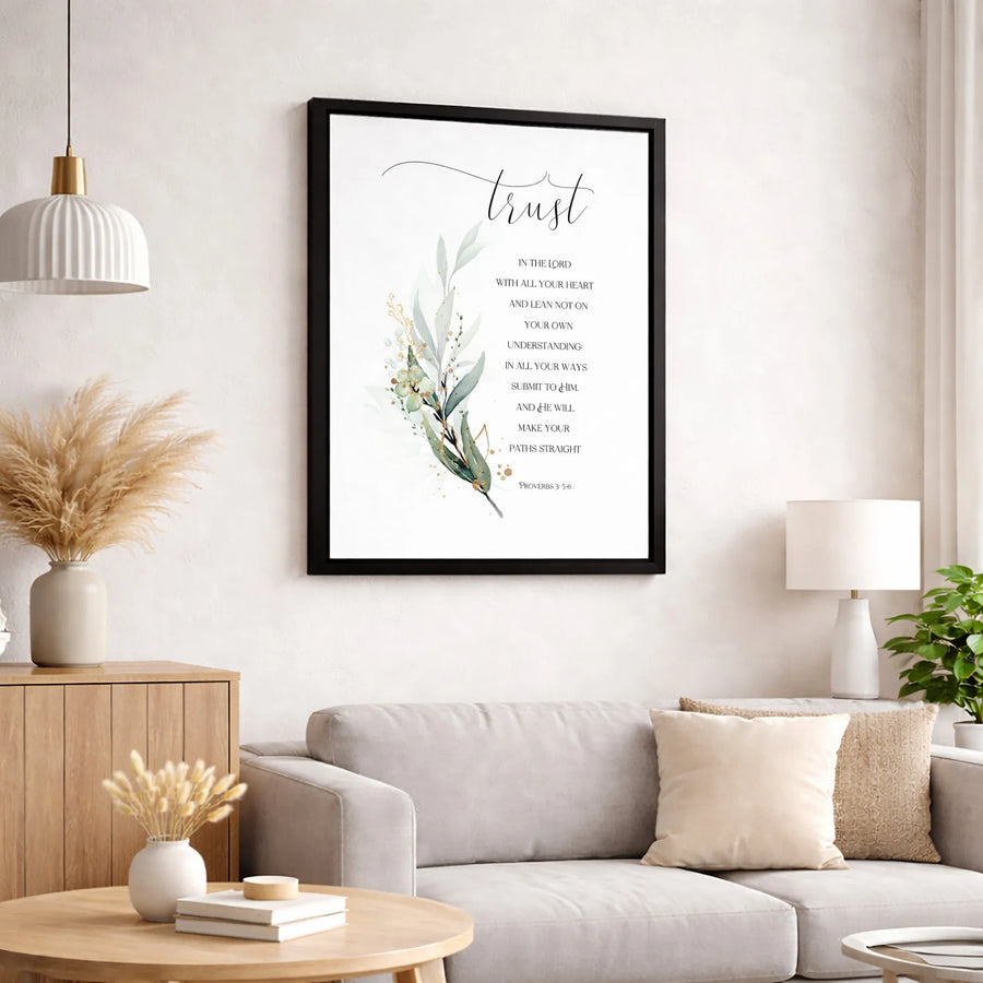Trust In The Lord Wall Art | Proverbs 3:5-6 Eucalyptus Botanical Print | Premium Fade-Resistant Canvas | Christian Home Decor Gift