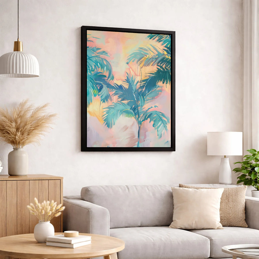 Abstract Tropical Palm Tree Canvas Art | Pink and Teal Coastal Wall Decor | Premium Gallery Wrap Print | Modern Beach House Living Room Gift