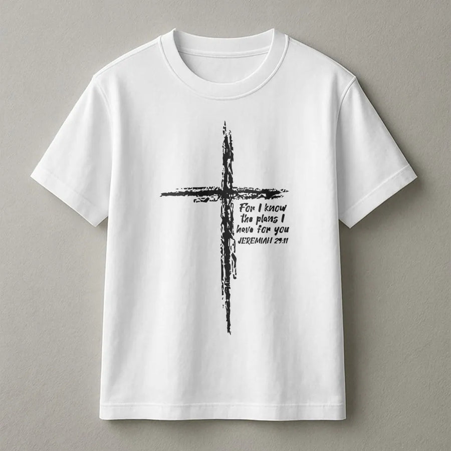 Jeremiah 29:11 T-Shirt | Brushed Cross Bible Verse Graphic | Premium Cotton Unisex Apparel | Faith-Based Christian Gift for Men and Women