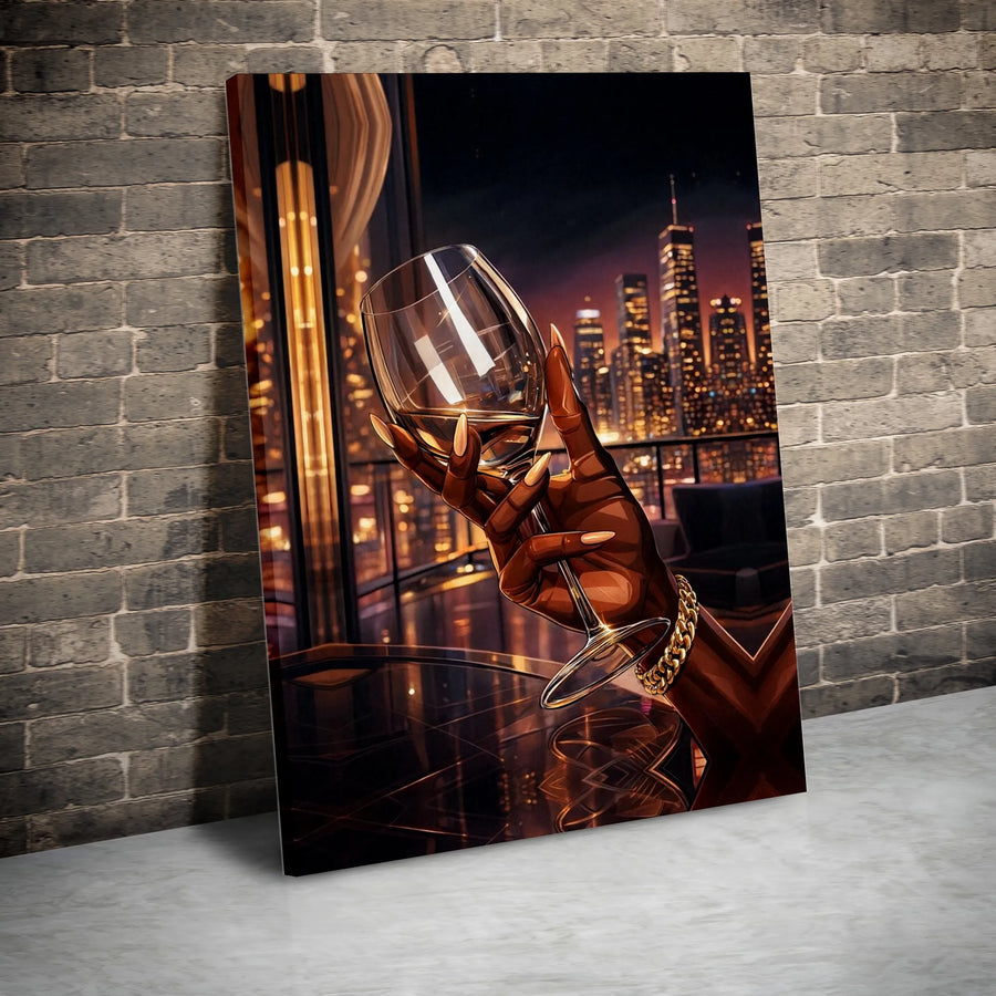 Black Woman Wine Glass Canvas Print | Luxury Cityscape Night View Art | Premium Gallery Wrap Canvas | Modern Home Decor Gift for Her
