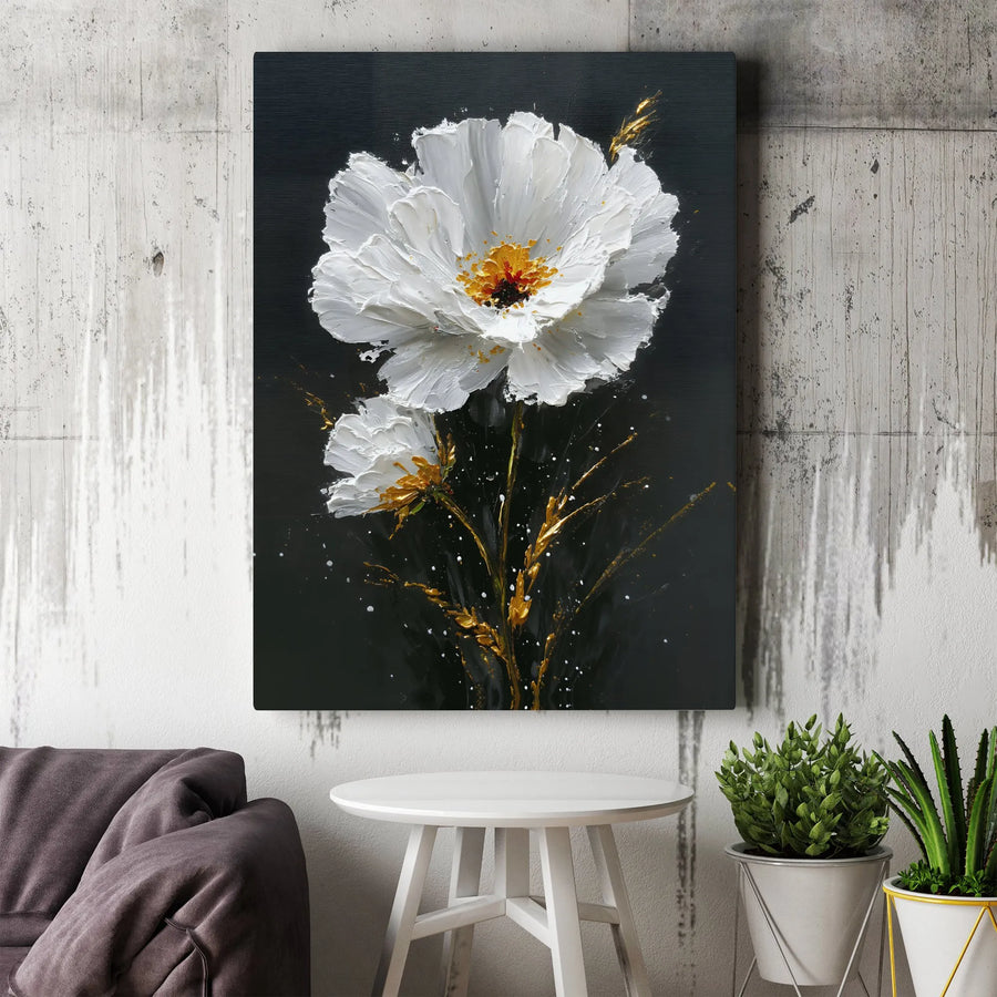 Textured White Flower Canvas Wall Art | 3D Impasto Style Floral Print with Gold Accents | Thick Gallery Wrapped Canvas | Premium Modern Home Decor Gift