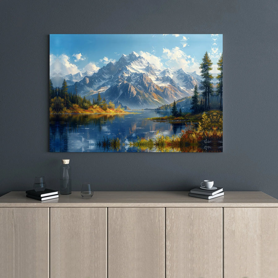 Mountain Lake Canvas Wall Art | Snowy Peaks Autumn Forest Landscape | Premium Gallery Wrap Print | Nature Home Decor Gift