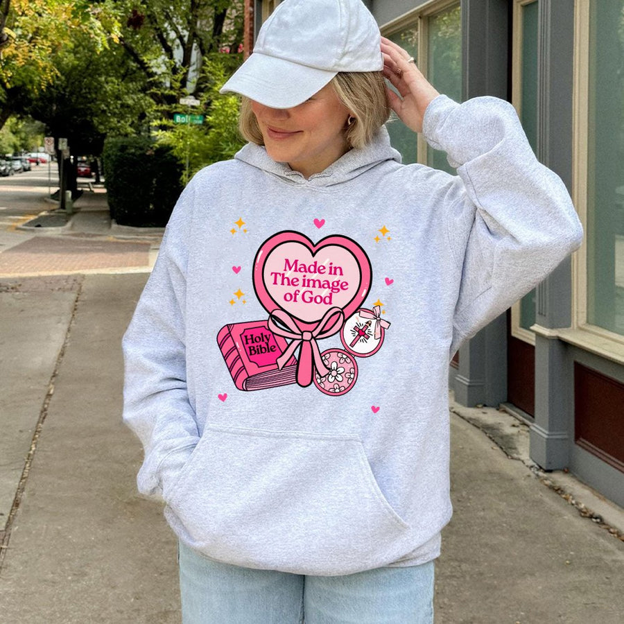 Made In The Image Of God Hoodie | Pink Retro Christian Graphic | Soft Cotton-Blend Premium Apparel | Faith-Based Religious Gift For Women