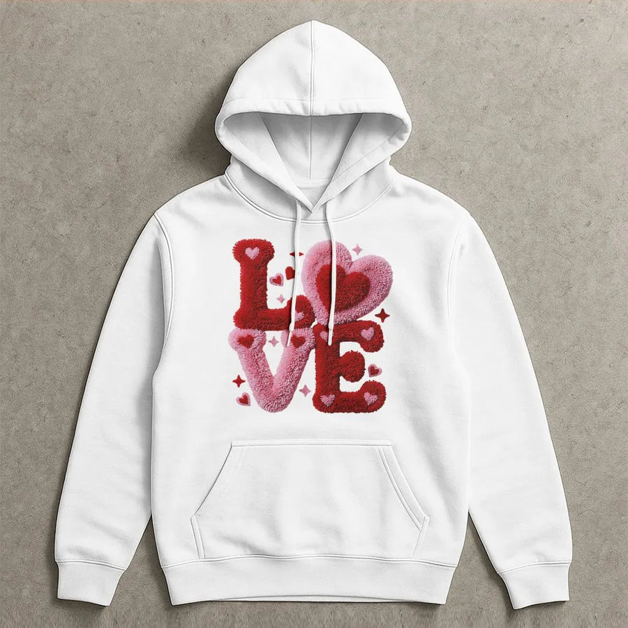 LOVE Graphic Hoodie | Faux Yarn Knit Texture Design | Premium Cotton Blend Cozy Sweatshirt | Romantic Valentines Day Gift For Her