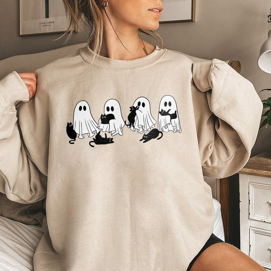 Ghost Cat Halloween Sweatshirt | Cute Spooky Kitten Graphic | Soft Cotton Blend Crewneck | Unisex Fall Gift for Cat Lovers