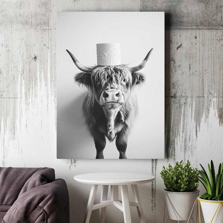 Highland Cow Wall Art | Funny Toilet Paper Head Canvas Print | Modern Farmhouse Animal Decor | Premium Fade-Resistant Gallery Wrapped Canvas