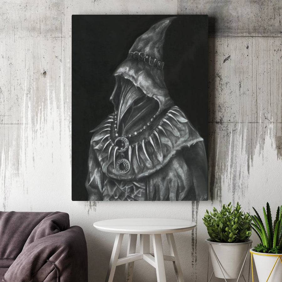 Dark Sorcerer Vertical Canvas | Mysterious Hooded Figure in Charcoal Sketch Style | Premium High-Resolution Print | Gothic Home Decor Collector's Gift