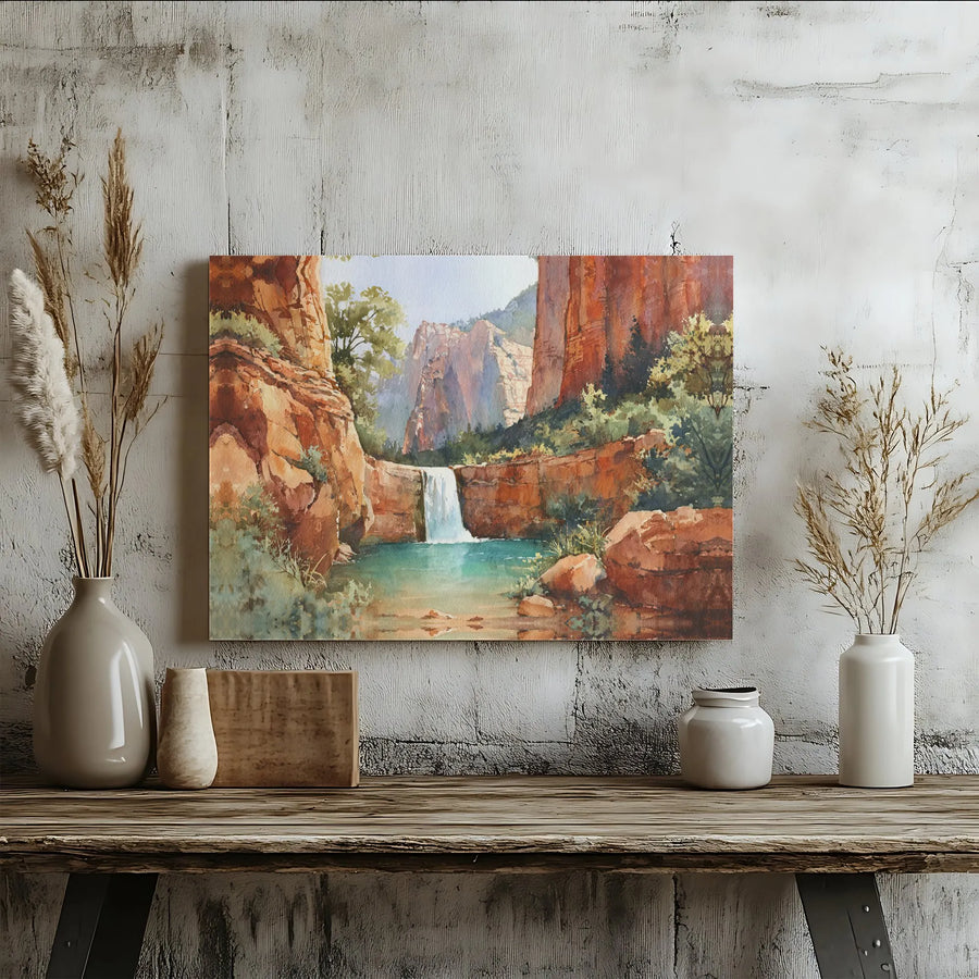 Red Rock Canyon Waterfall Wall Art | Watercolor Landscape Canvas Print | Premium Gallery Wrap 1.25" Frame | Southwestern Nature Home Decor
