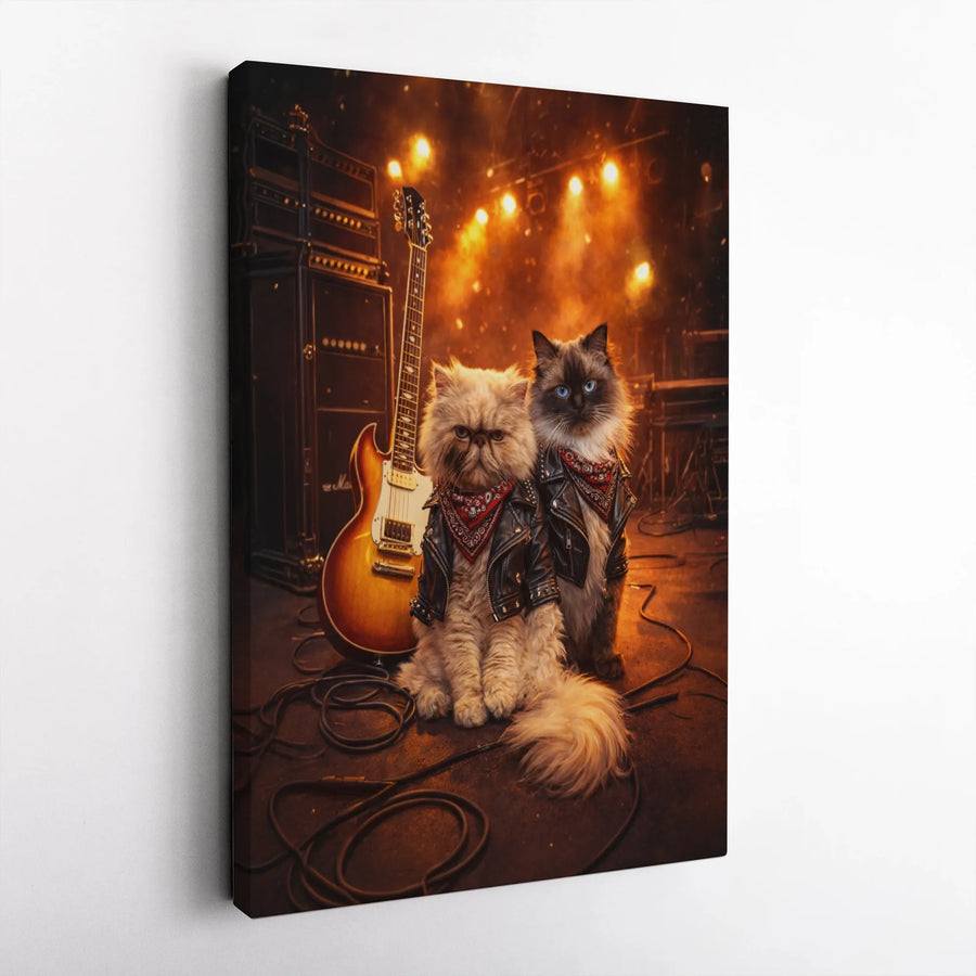 Rockstar Cats Canvas Wall Art | Funny Biker Cat Portrait with Guitar | Premium 1.25" Thick Profile | Unique Gift for Cat Lover & Musician