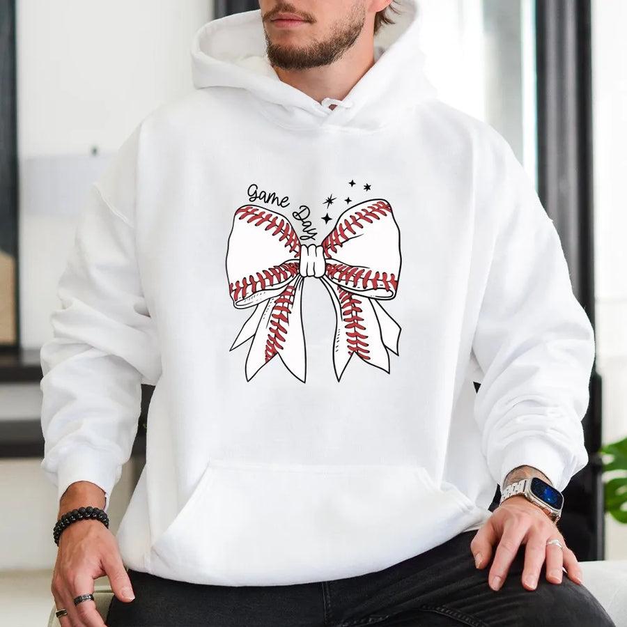 Baseball Bow Hoodie | Cute Game Day Graphic Pullover | Soft Cotton-Poly Blend | Premium Gift for Baseball Mom and Sports Fan