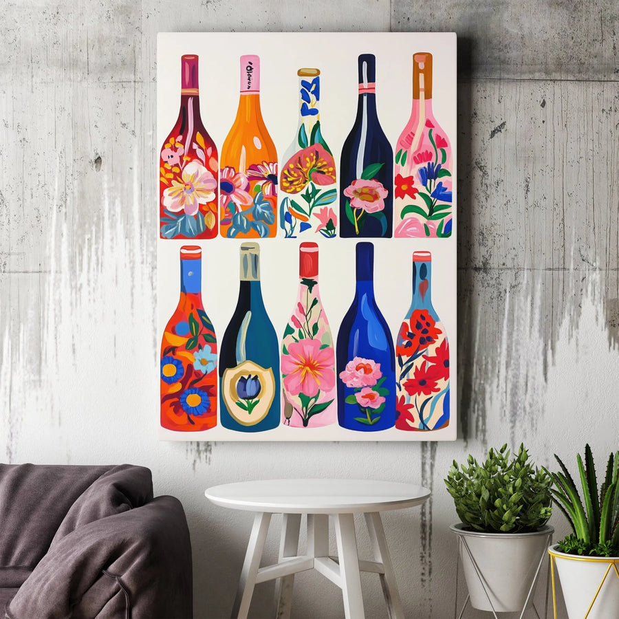 Floral Wine Bottle Wall Art | Colorful Botanical Print | Premium Gallery-Wrapped Canvas | Kitchen Decor Gift for Wine Lovers