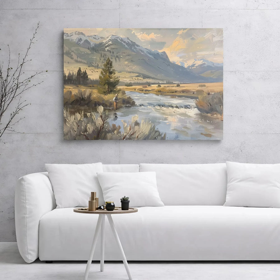 Fly Fishing Mountain Landscape Canvas | Impressionist River Art | 1.25" Gallery Wrap Premium Decor | Nature Lover Cabin Wall Art Gift